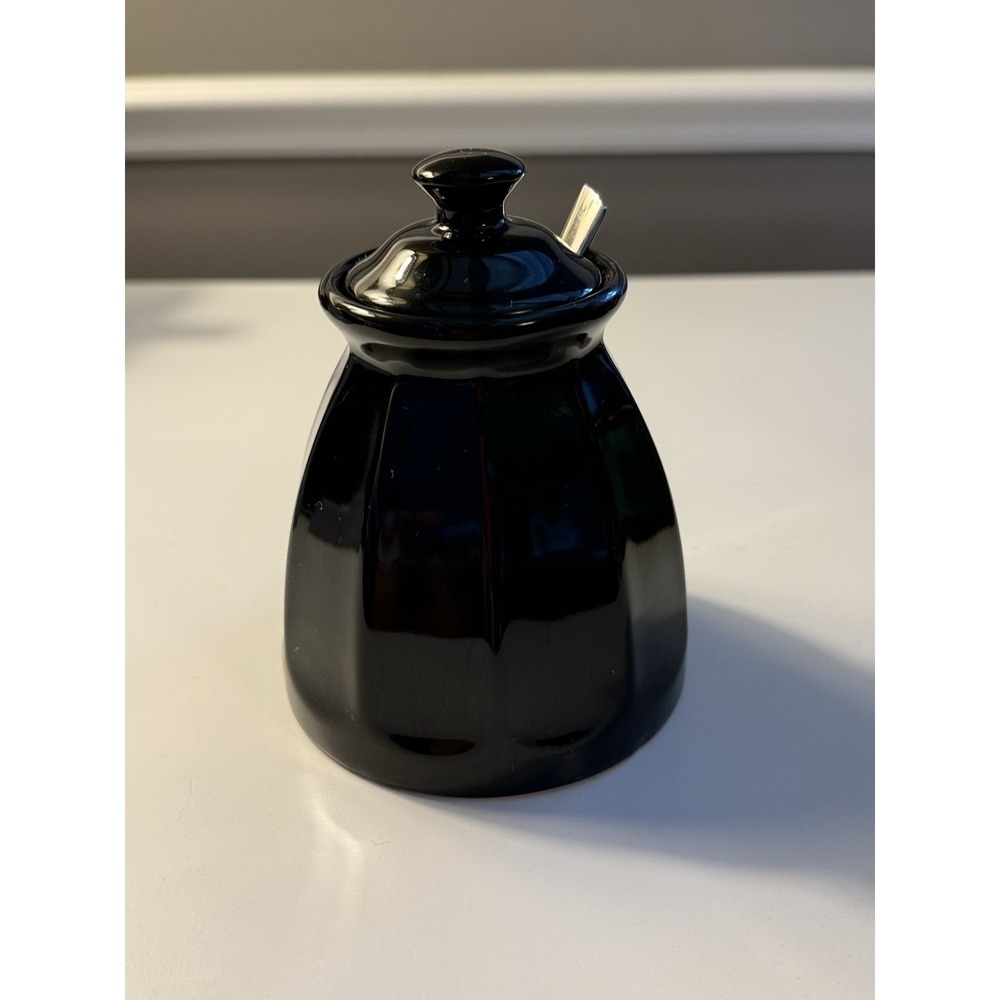 Black Glossy Chantal Stoneware Sugar Bowl W/Lid 2-CR/SU9 Spoon Jelly Jar VINTAGE